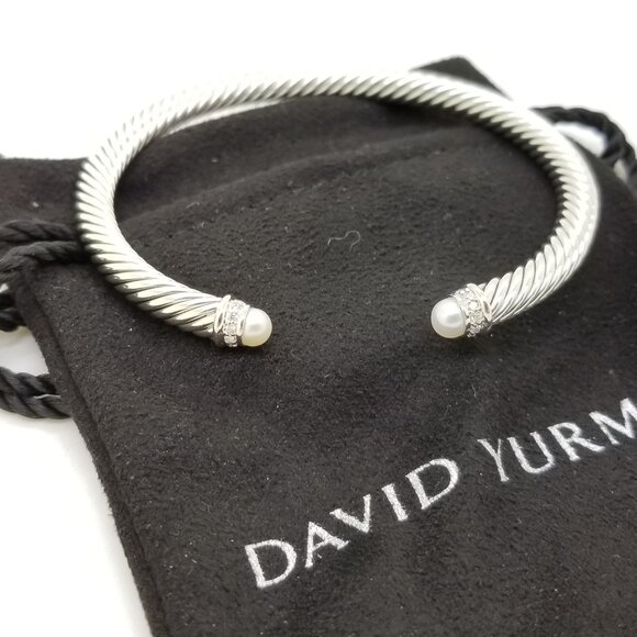 DAVID YURMAN 5mm Cable Classic Pearl Bracelet Pavé Diamonds Sterling Silver 7 - Picture 1 of 8